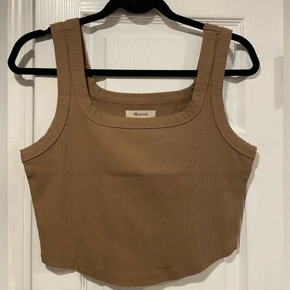 NWOT Madewell Ribbed Size M Brown Square Neck Crop Tank Top Fitted - Picture 1 of 9